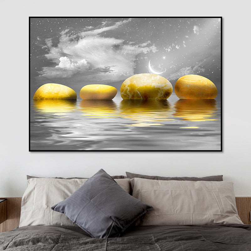 Vivolux | Big Pebbles Wandkunstdruck Glam Magische Nacht Meerlandschaft Leinwand in Gold für Schlafzimmer