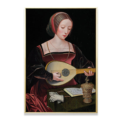 Vivolux | Rotes Frau, die Laute spielende Malerei, musikalische, vintage, strukturierte Leinwandkunst für das Wohnzimmer