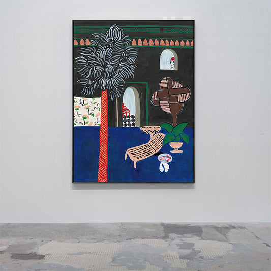 Vivolux | Kinder Kunst Patio Aussicht Gemälde Blau Strukturierte Leinwand Wanddekoration für das Wohnzimmer