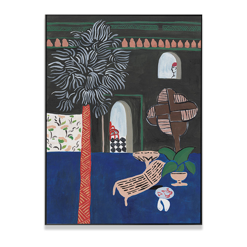 Vivolux | Kinder Kunst Patio Aussicht Gemälde Blau Strukturierte Leinwand Wanddekoration für das Wohnzimmer