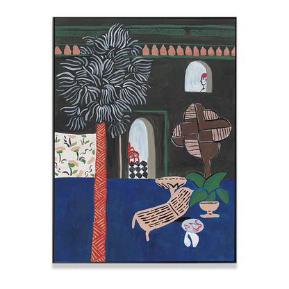 Vivolux | Kinder Kunst Patio Aussicht Gemälde Blau Strukturierte Leinwand Wanddekoration für das Wohnzimmer