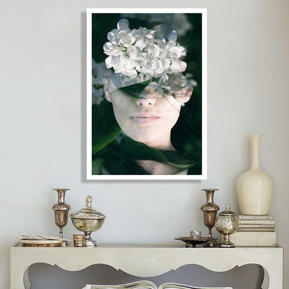 Vivolux | Fotografie Frau und Blume Leinwandkunst für Mädchen Schlafzimmer, Weiß und Grün, Texturiert