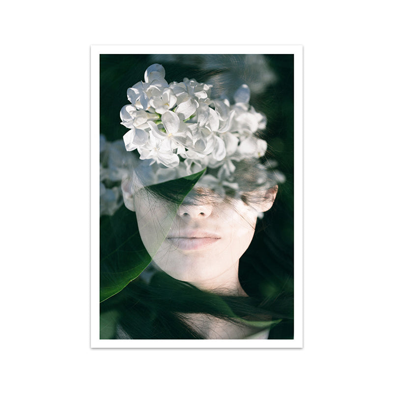 Vivolux | Fotografie Frau und Blume Leinwandkunst für Mädchen Schlafzimmer, Weiß und Grün, Texturiert