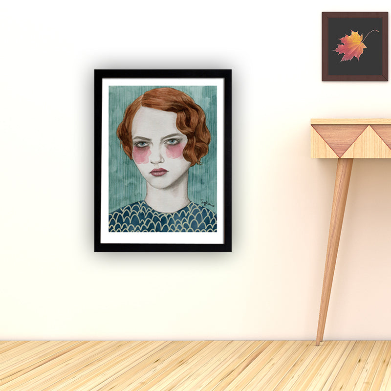 Vivolux | Mädchen Zeichnung Wandkunst Dekor Grün Traditionelle Leinwand für Hausinterieur, Texturiert