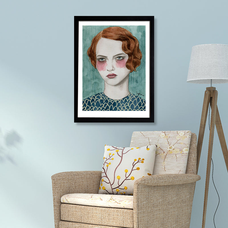 Vivolux | Mädchen Zeichnung Wandkunst Dekor Grün Traditionelle Leinwand für Hausinterieur, Texturiert