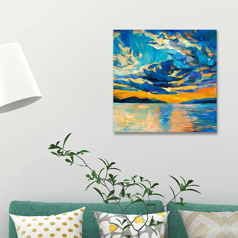 Vivolux | Blaue Landschaft Leinwand Wandkunst Moderne atemberaubende Fluss- und Sonnenuntergangsbeleuchtung Gemälde in Blau