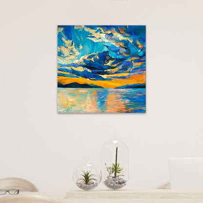 Vivolux | Blaue Landschaft Leinwand Wandkunst Moderne atemberaubende Fluss- und Sonnenuntergangsbeleuchtung Gemälde in Blau