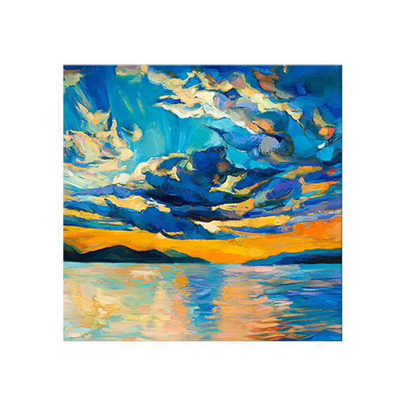 Vivolux | Blaue Landschaft Leinwand Wandkunst Moderne atemberaubende Fluss- und Sonnenuntergangsbeleuchtung Gemälde in Blau