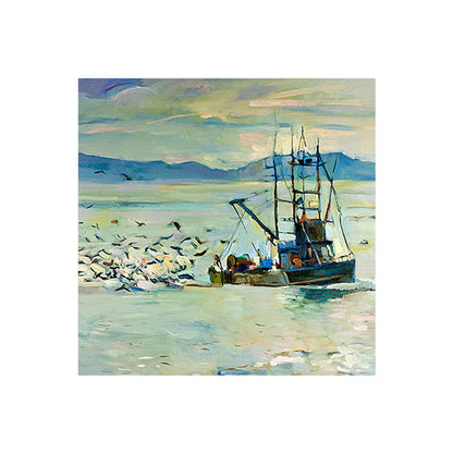 Vivolux | Traditionelle Wandkunstdruck Blauer Möwe und Fischerboot auf dem Ozean Gemälde für Zuhause