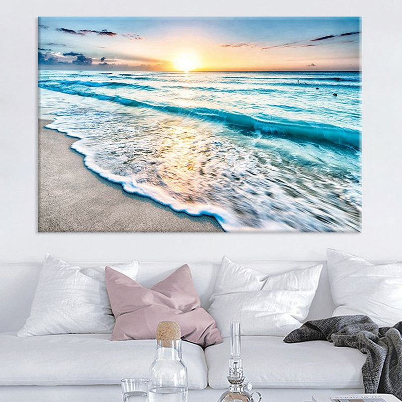 Vivolux | Sunset Beach Wave Scene Kunstdruck auf blauer Leinwand Wanddekoration, strukturierte Oberfläche