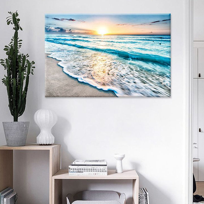 Vivolux | Sunset Beach Wave Scene Kunstdruck auf blauer Leinwand Wanddekoration, strukturierte Oberfläche