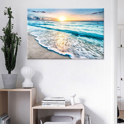 Vivolux | Sunset Beach Wave Scene Kunstdruck auf blauer Leinwand Wanddekoration, strukturierte Oberfläche