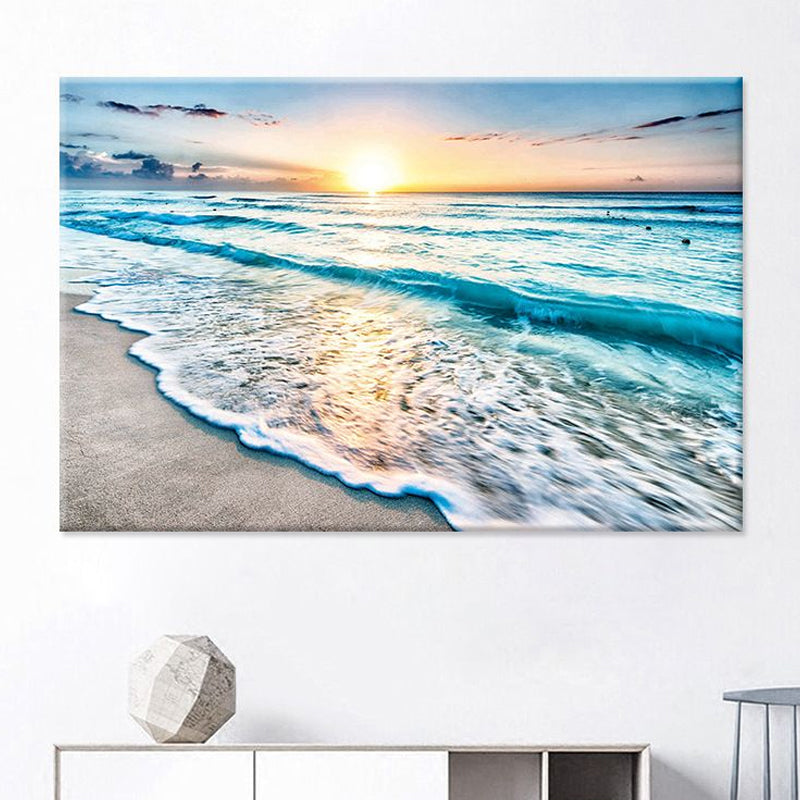 Vivolux | Sunset Beach Wave Scene Kunstdruck auf blauer Leinwand Wanddekoration, strukturierte Oberfläche
