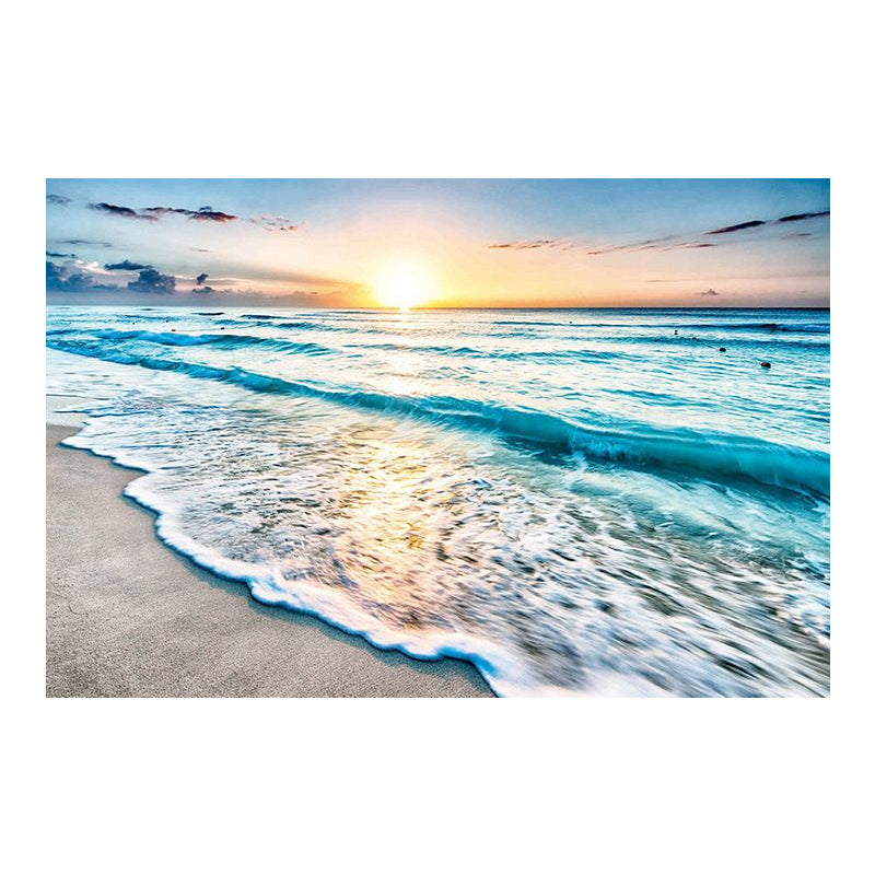 Vivolux | Sunset Beach Wave Scene Kunstdruck auf blauer Leinwand Wanddekoration, strukturierte Oberfläche
