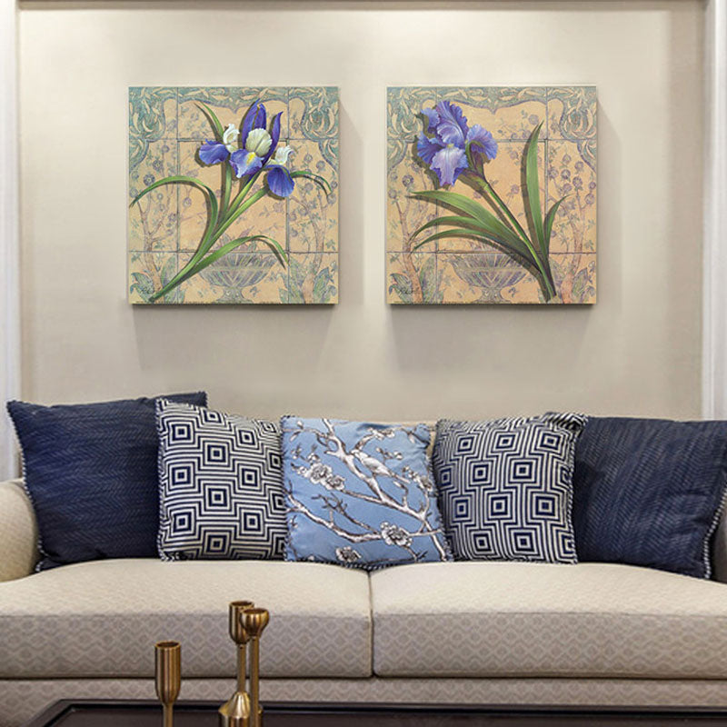 Vivolux | Lila Iris Malerei Blume Traditionelle Strukturierte Leinwand Wandkunst für Zuhause, Set von 2