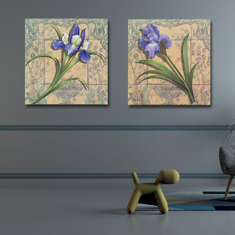 Vivolux | Lila Iris Malerei Blume Traditionelle Strukturierte Leinwand Wandkunst für Zuhause, Set von 2