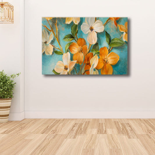 Vivolux | Orange-Weiße Blumenblüte Malerei Texturiertes Bauernhaus Wohnzimmer Wandkunst Druck