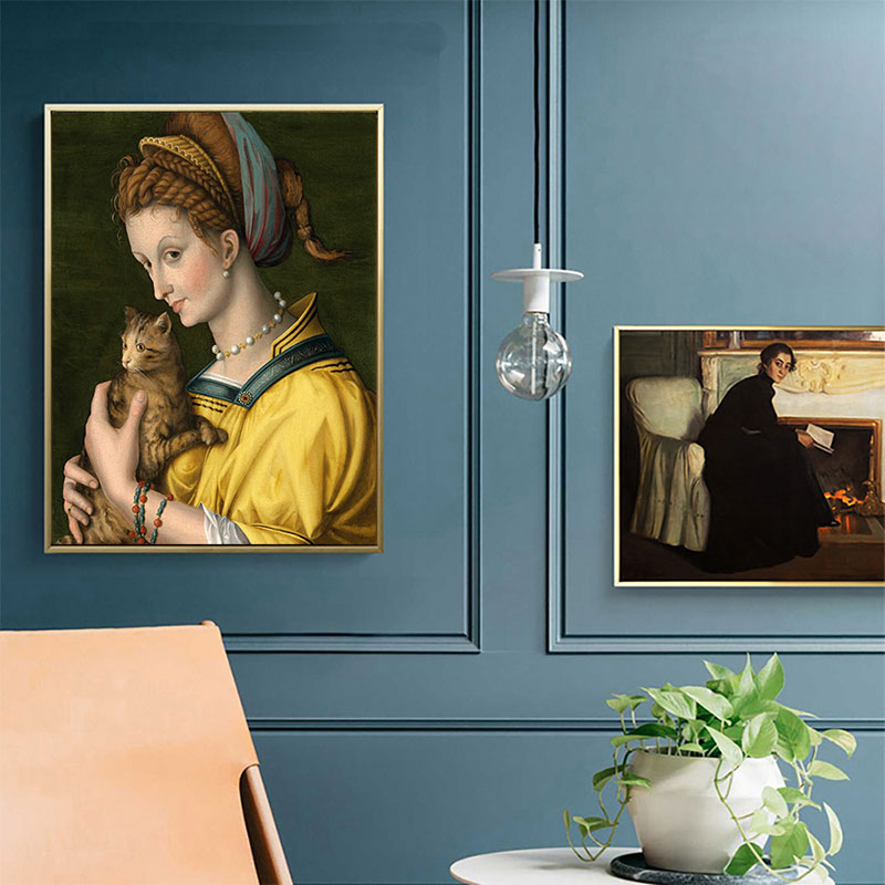 Vivolux | Gelbe Katze und Dienstmädchen Kunst Texturiertes Gemälde für Badezimmer, Mehrere Größen Verfügbar