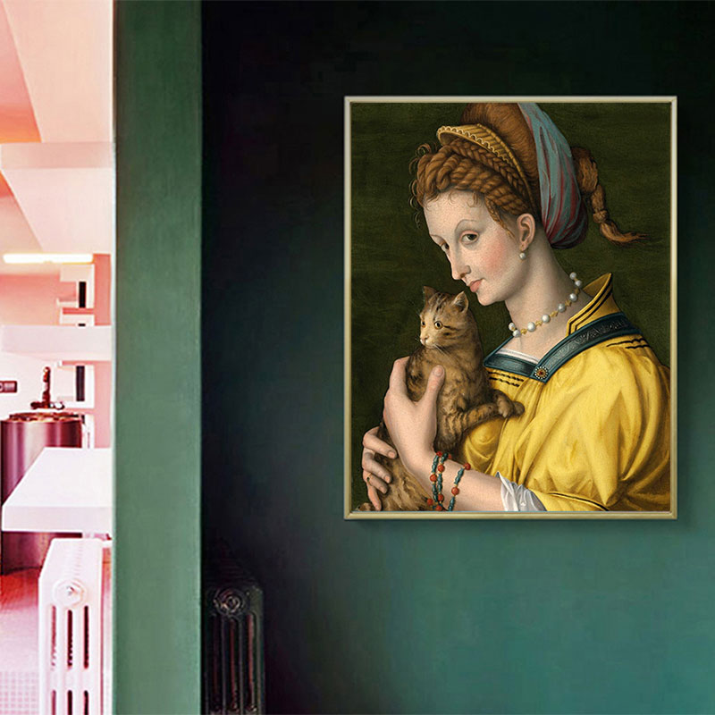 Vivolux | Gelbe Katze und Dienstmädchen Kunst Texturiertes Gemälde für Badezimmer, Mehrere Größen Verfügbar