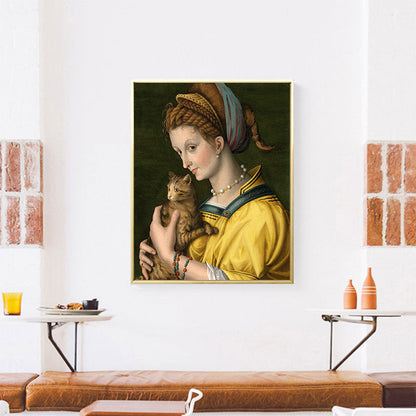 Vivolux | Gelbe Katze und Dienstmädchen Kunst Texturiertes Gemälde für Badezimmer, Mehrere Größen Verfügbar