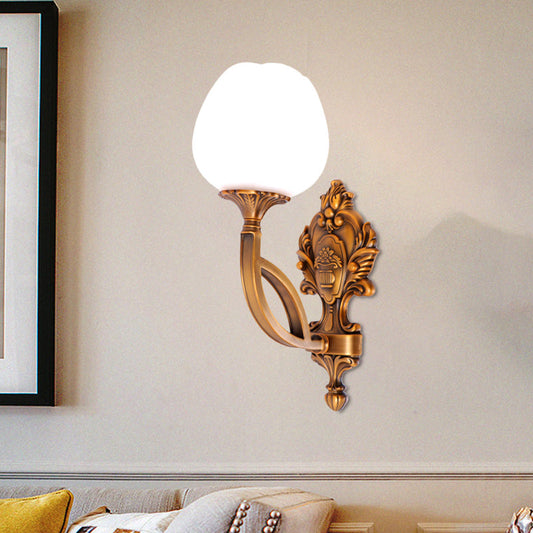 Vivolux | Tulip Witte Glazen Wandlamp Sconces Land 1/2-Bulb Woonkamer Wandverlichting Fixture in Messing met Gebogen Arm