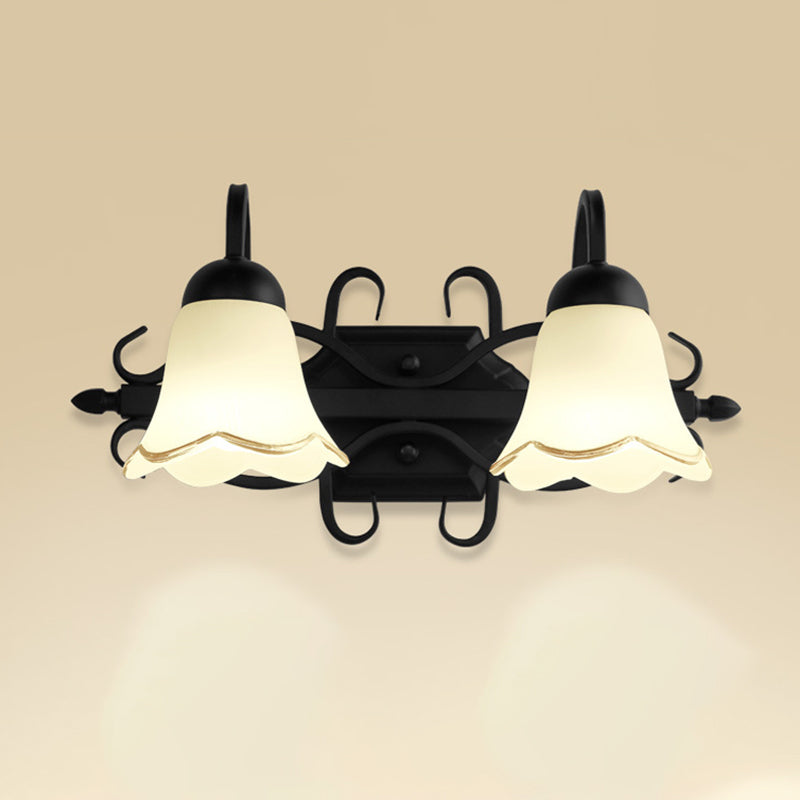 Vivolux | Blumen Badezimmer Wandbeleuchtung Traditionelle Mattglas 2/3-Kopf Schwarze Wandleuchte mit Gänsehalsschneckarm