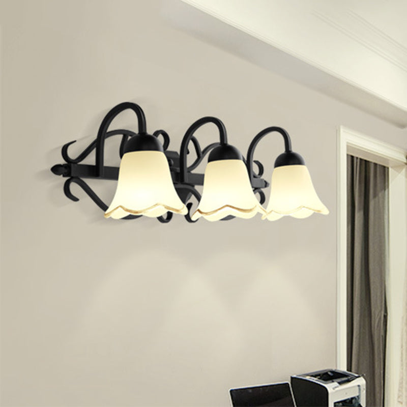 Vivolux | Blumen Badezimmer Wandbeleuchtung Traditionelle Mattglas 2/3-Kopf Schwarze Wandleuchte mit Gänsehalsschneckarm