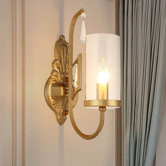 Vivolux | Gold Zylinder Wandbeleuchtung Land Klar Glas 1/2-Licht Wohnzimmer Oberflächen Wand Sconce mit gebogenem Arm