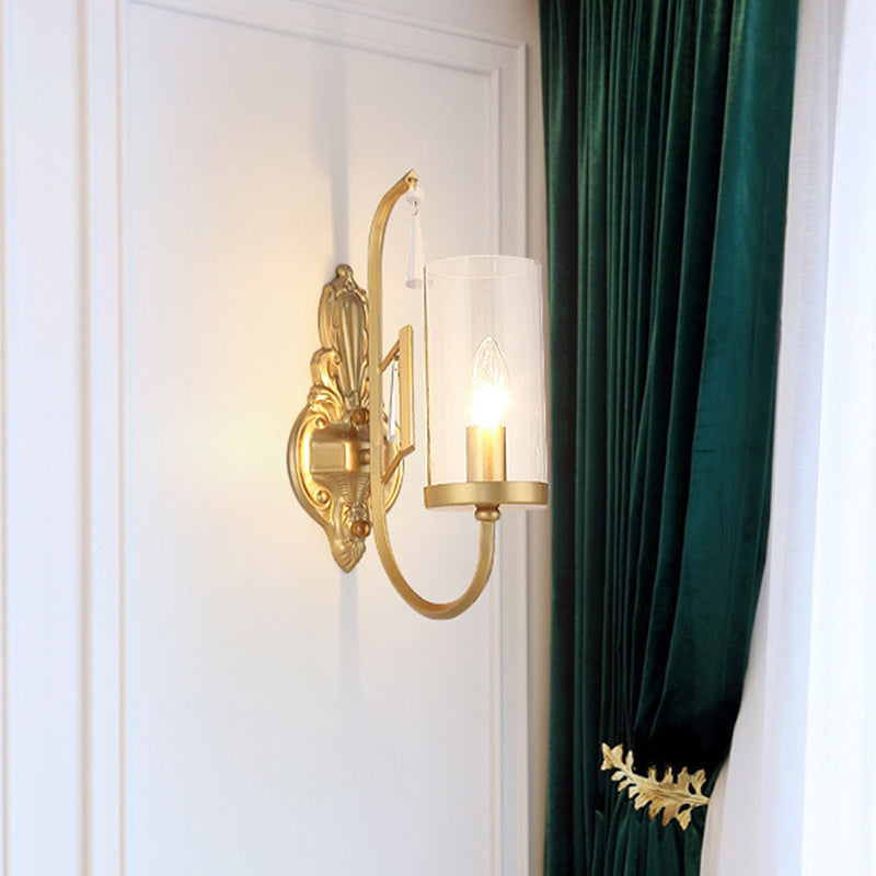 Vivolux | Gold Zylinder Wandbeleuchtung Land Klar Glas 1/2-Licht Wohnzimmer Oberflächen Wand Sconce mit gebogenem Arm