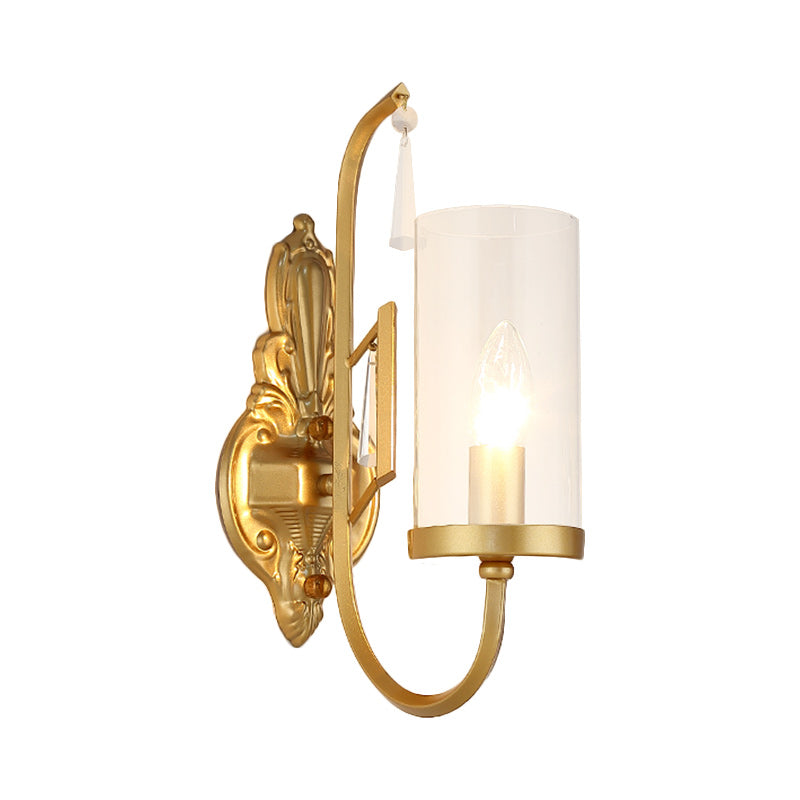 Vivolux | Gold Zylinder Wandbeleuchtung Land Klar Glas 1/2-Licht Wohnzimmer Oberflächen Wand Sconce mit gebogenem Arm
