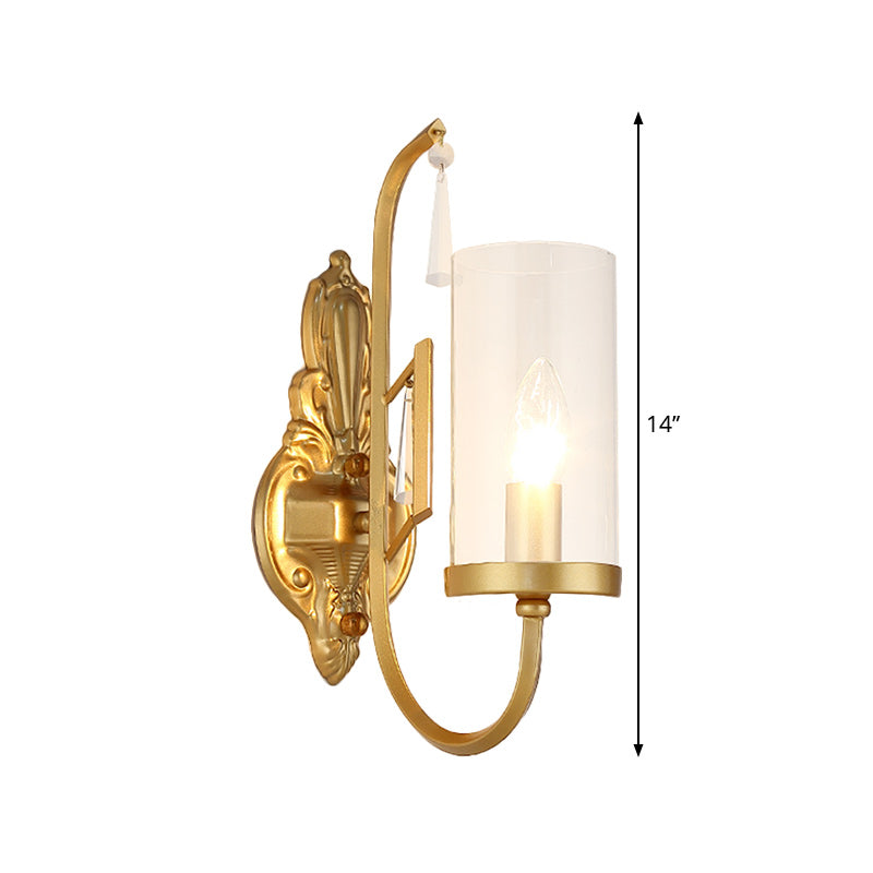Vivolux | Gold Zylinder Wandbeleuchtung Land Klar Glas 1/2-Licht Wohnzimmer Oberflächen Wand Sconce mit gebogenem Arm