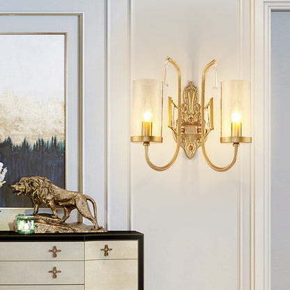 Vivolux | Gold Zylinder Wandbeleuchtung Land Klar Glas 1/2-Licht Wohnzimmer Oberflächen Wand Sconce mit gebogenem Arm