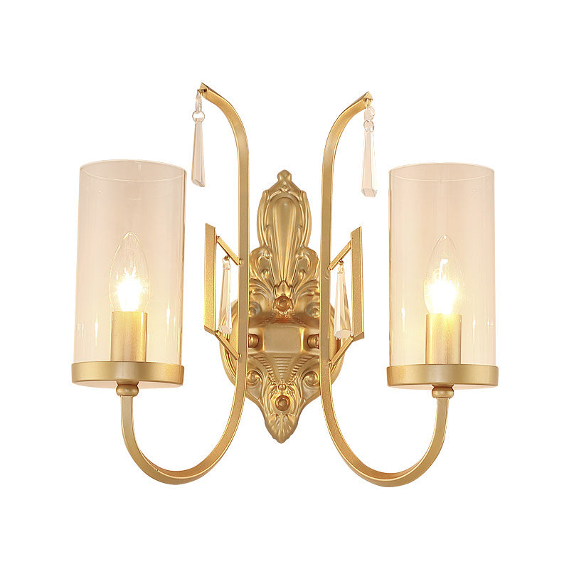 Vivolux | Gold Zylinder Wandbeleuchtung Land Klar Glas 1/2-Licht Wohnzimmer Oberflächen Wand Sconce mit gebogenem Arm