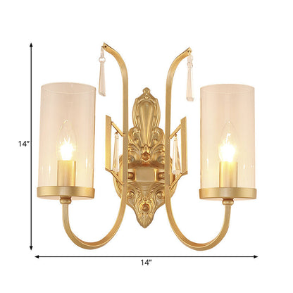 Vivolux | Gold Zylinder Wandbeleuchtung Land Klar Glas 1/2-Licht Wohnzimmer Oberflächen Wand Sconce mit gebogenem Arm