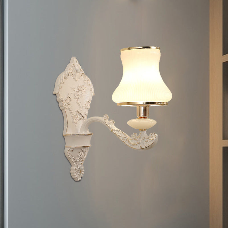 Vivolux | Gourd Schlafzimmer Wandmontage Lampe Ländlich Weißes Glas 1/2-Kopf Beige Wandbeleuchtung Ideen mit Harz Rückplatte