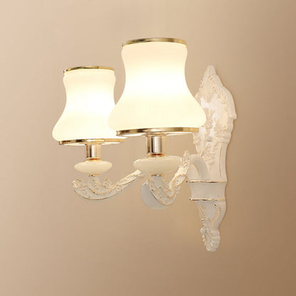 Vivolux | Gourd Schlafzimmer Wandmontage Lampe Ländlich Weißes Glas 1/2-Kopf Beige Wandbeleuchtung Ideen mit Harz Rückplatte