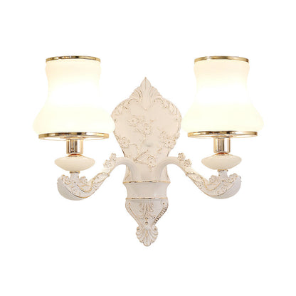 Vivolux | Gourd Schlafzimmer Wandmontage Lampe Ländlich Weißes Glas 1/2-Kopf Beige Wandbeleuchtung Ideen mit Harz Rückplatte