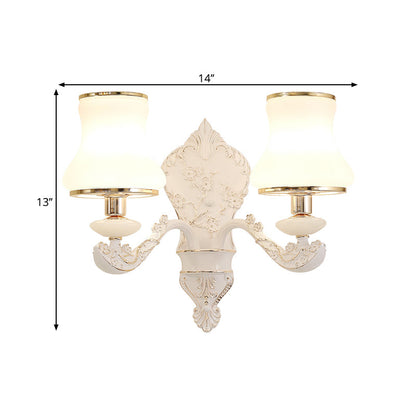 Vivolux | Gourd Schlafzimmer Wandmontage Lampe Ländlich Weißes Glas 1/2-Kopf Beige Wandbeleuchtung Ideen mit Harz Rückplatte