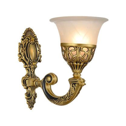Vivolux | 1 Glühbirne Frosted Glass Wandleuchte Klassisches Bronze Wohnzimmer Wandmontierte Lampe mit geschnitzter Rückplatte