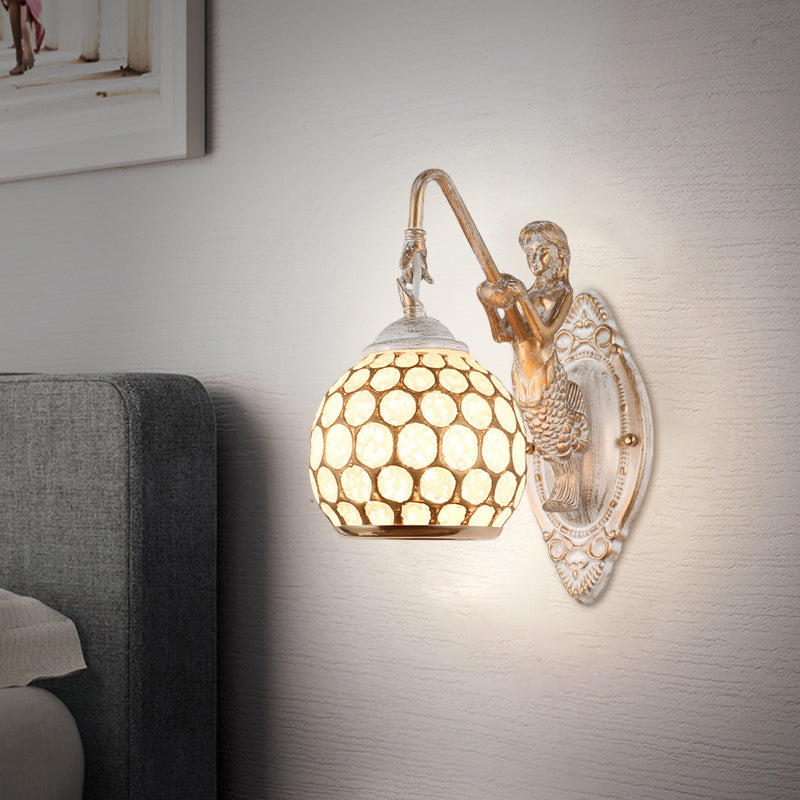 Vivolux | Sphere Schlafzimmer Wandbeleuchtung Ideen Traditioneller Stil Metall 1 Kopf Weiße Wandlampenlicht mit Harz Meerjungfrau Rückplatte