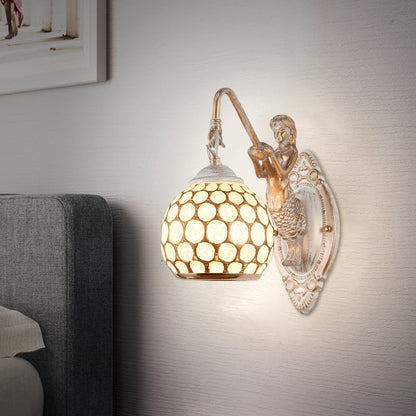 Vivolux | Sphere Schlafzimmer Wandbeleuchtung Ideen Traditioneller Stil Metall 1 Kopf Weiße Wandlampenlicht mit Harz Meerjungfrau Rückplatte
