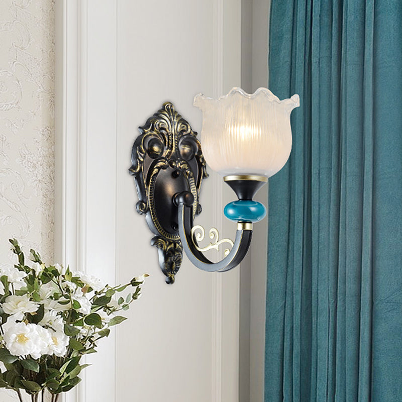 Vivolux | 1/2-Bulb Floral Wandleuchte Antiqued Schwarz Opal Gerippte Glas Gebogene Arm Wandmontierte Lampe
