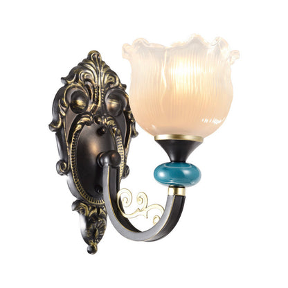 Vivolux | 1/2-Bulb Floral Wandleuchte Antiqued Schwarz Opal Gerippte Glas Gebogene Arm Wandmontierte Lampe