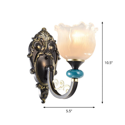 Vivolux | 1/2-Bulb Floral Wandleuchte Antiqued Schwarz Opal Gerippte Glas Gebogene Arm Wandmontierte Lampe
