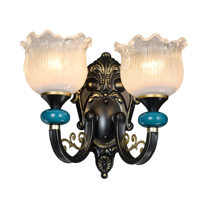 Vivolux | 1/2-Bulb Floral Wandleuchte Antiqued Schwarz Opal Gerippte Glas Gebogene Arm Wandmontierte Lampe