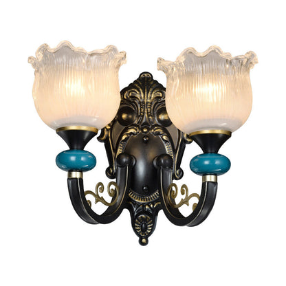 Vivolux | 1/2-Bulb Floral Wandleuchte Antiqued Schwarz Opal Gerippte Glas Gebogene Arm Wandmontierte Lampe