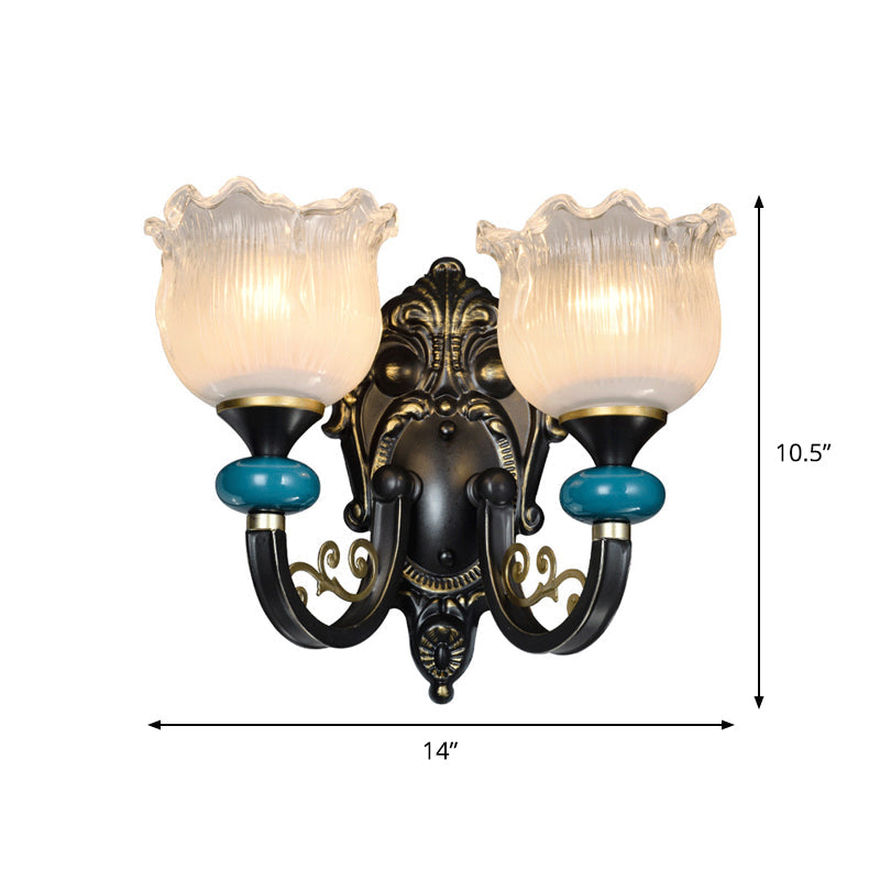 Vivolux | 1/2-Bulb Floral Wandleuchte Antiqued Schwarz Opal Gerippte Glas Gebogene Arm Wandmontierte Lampe