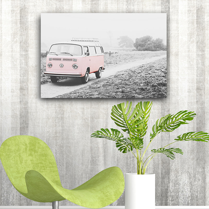Vivolux | Bus on the Road Kunstprint in Roze Moderne Wanddecoratie für Hausinterieur