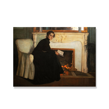 Vivolux | Traditioneller Stil Leinwand Pastellfarbe Mädchen und Kamin Malerei, Mehrere Größen