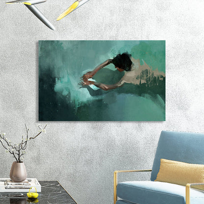 Vivolux | Groene Pool en Zwemmer Canvas Textuur Oppervlak Moderne Woonkamer Wandkunst